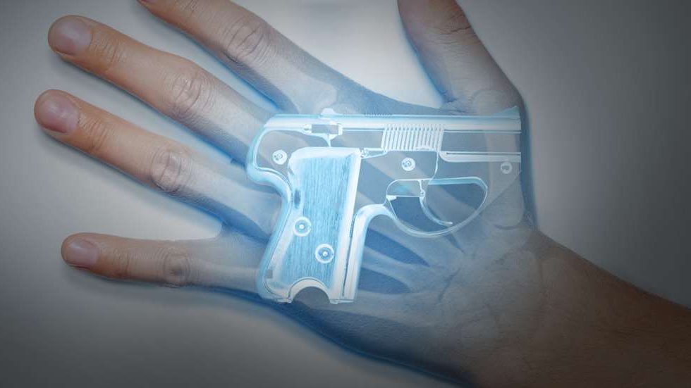 A hand with an x-ray image of a gun imposed over it