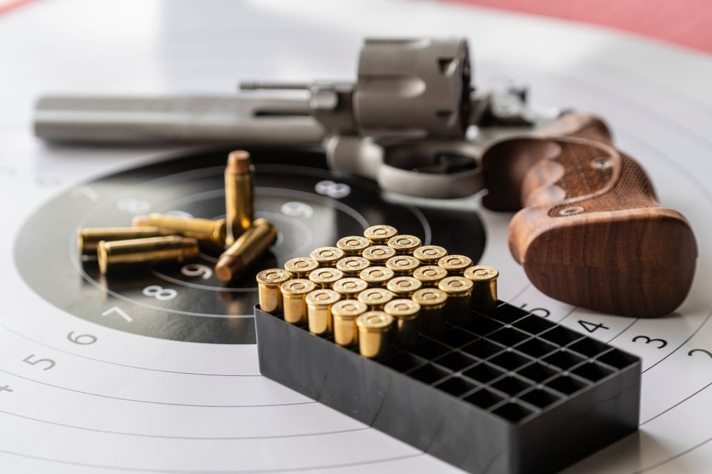 A revolver and bullets lying on a target