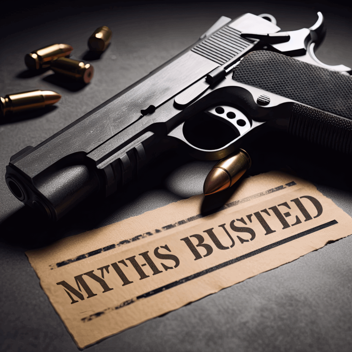 A gun on a dark surface with bullets and a sign labeled "myths busted"
