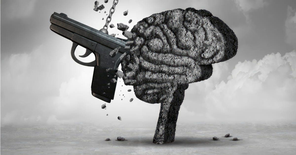Illustration Of A Brain With A Gun On A Chain Smashing Into It Greyscale