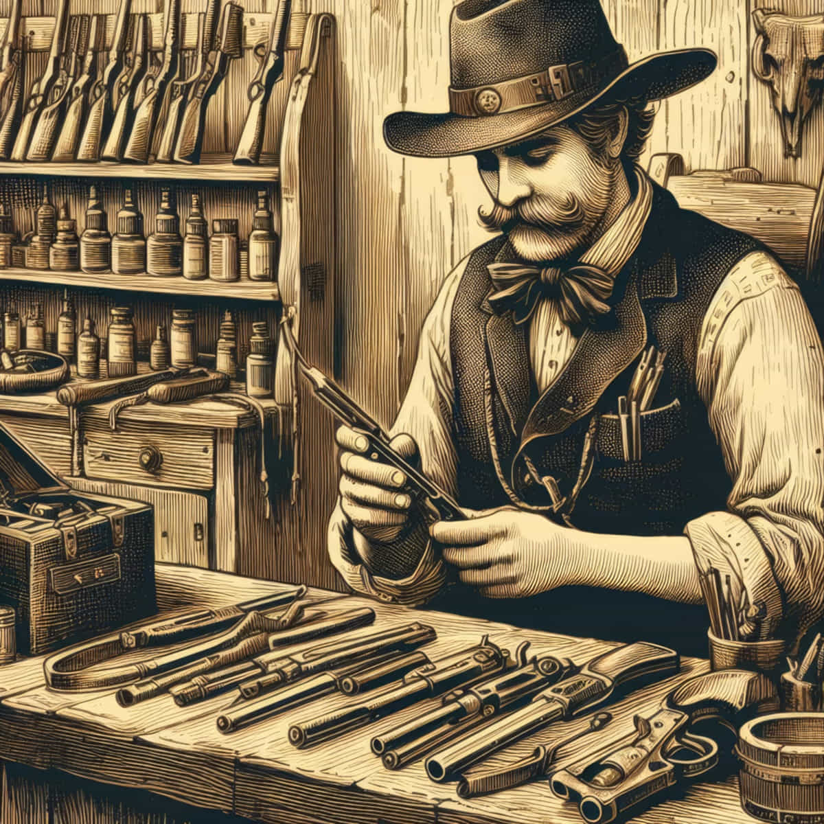 A Skilled Gunsmith In A Hat And Vest Meticulously Crafting An Old West Firearm