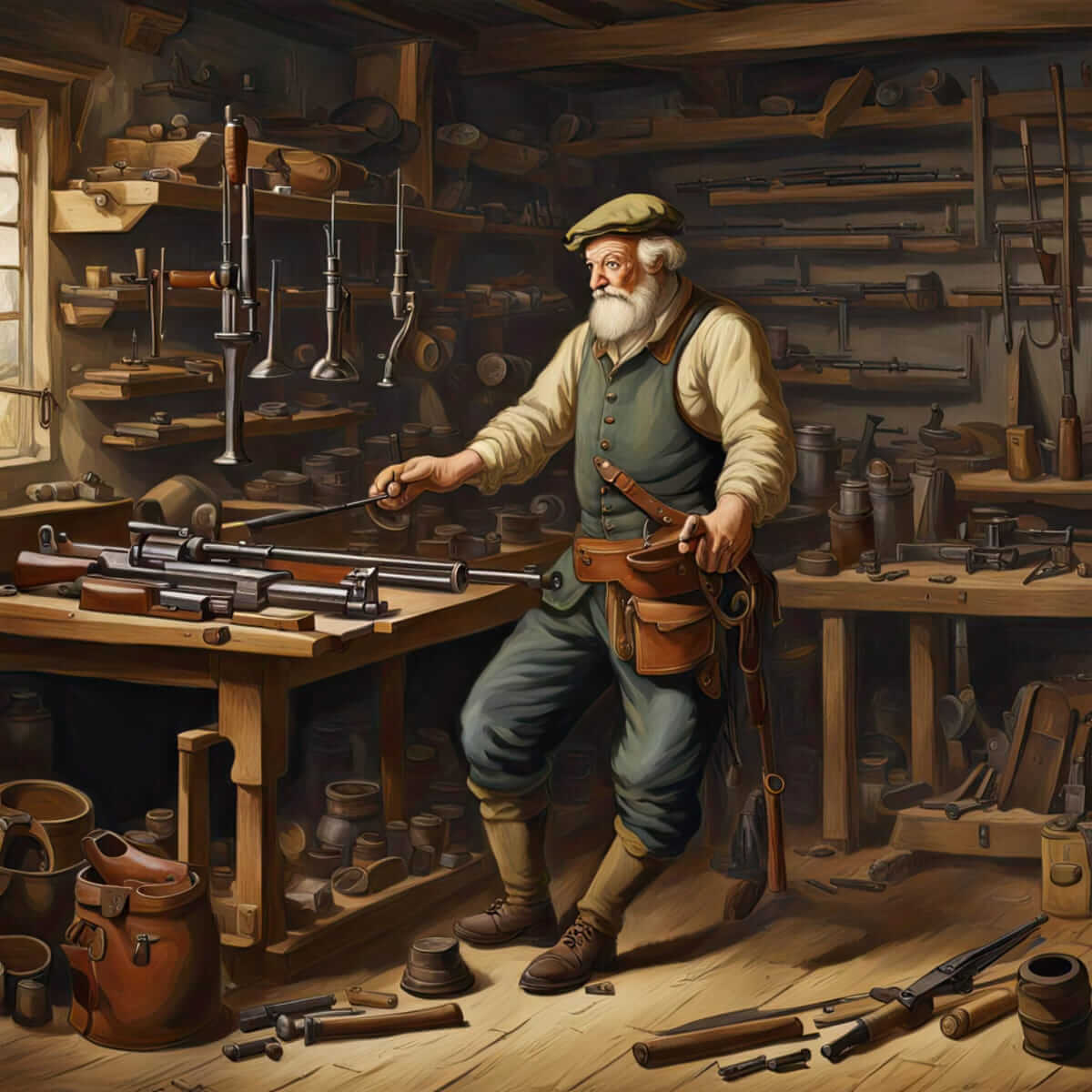 An Illustration Of A Gunsmith In His Workshop